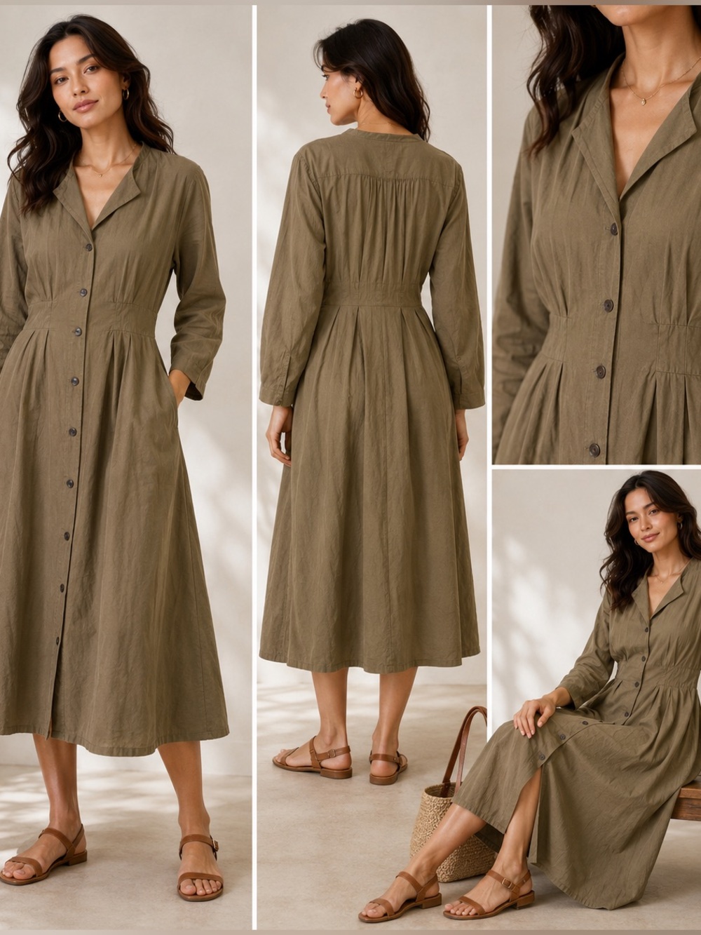 MOUSSY Button-Front Midi Khaki Shirt Dress L/S Size 2 TUCK WAIST Lagenlook